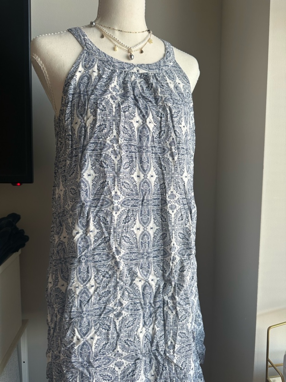 Altar'd State White and Blue Paisley Halter Midi Dress